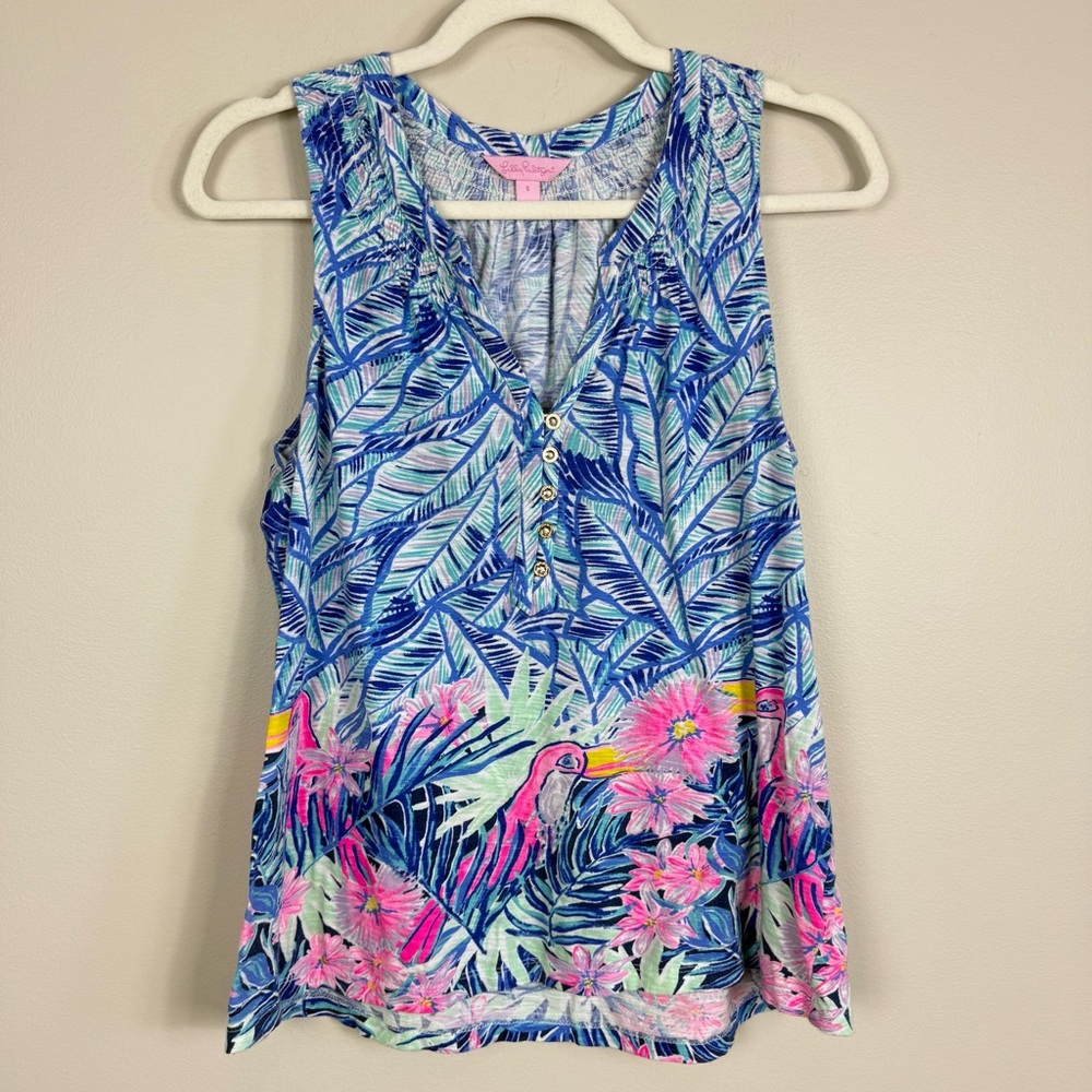 Lilly Pulitzer Essie Top Womens Small Lets Mango Resort Floral Pink Blue Top